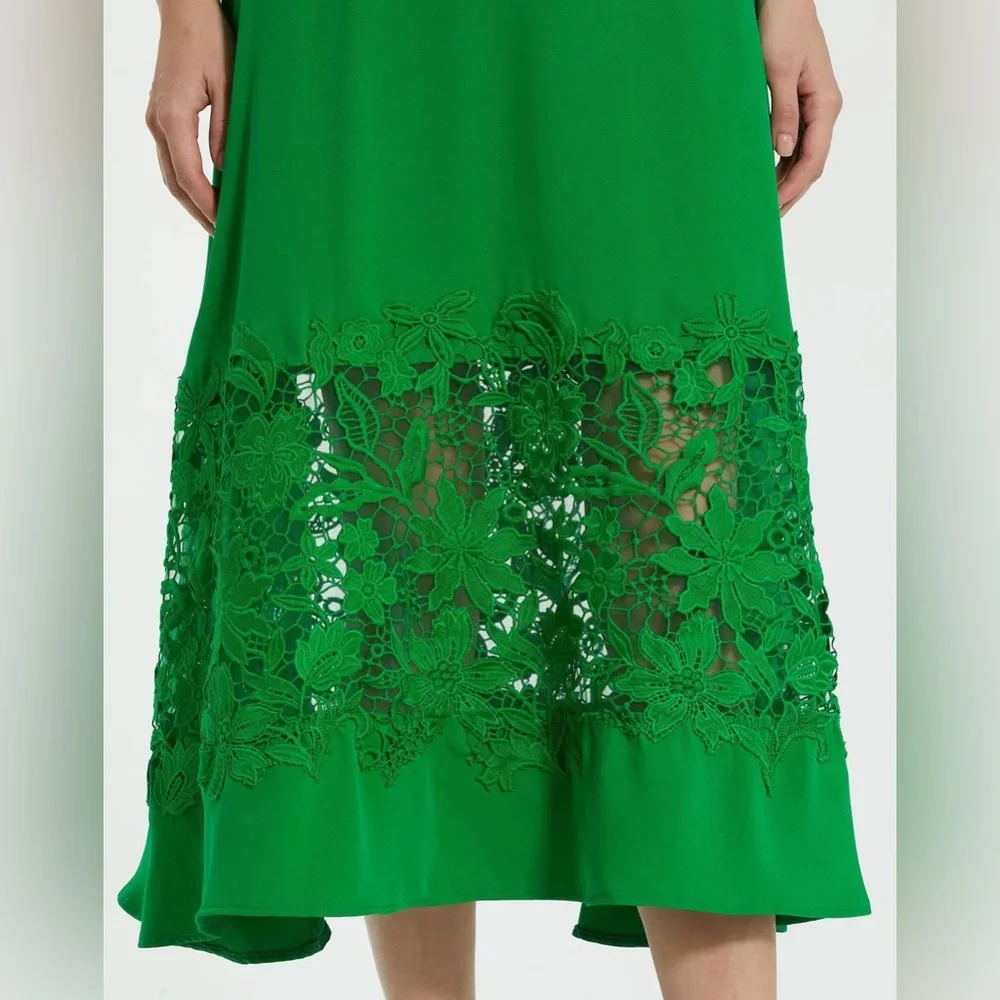 Mac Duggal 21001 Green Crepe Boat Neck Midi Dress With Applique Cut Out Size L - Picture 3 of 9
